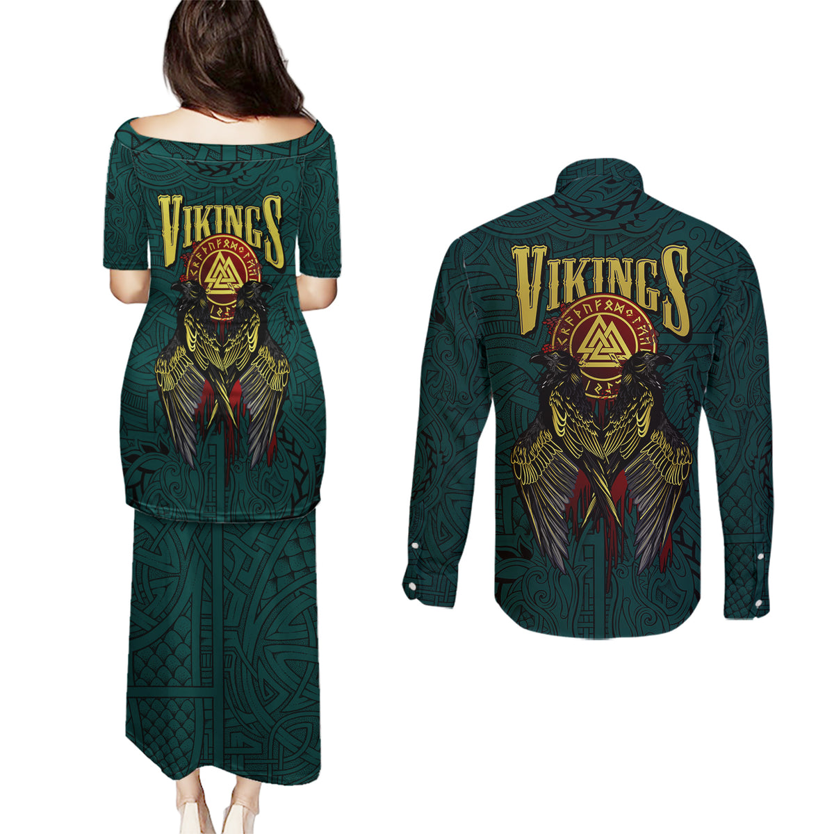 Viking Couples Matching Puletasi Dress and Long Sleeve Button Shirts Ravens - Hugin And Munin - Wonder Print Shop