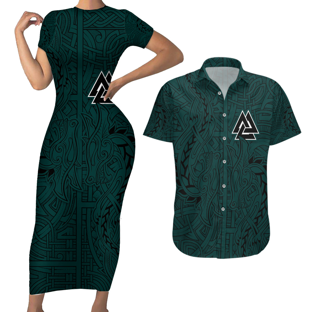 Viking Couples Matching Short Sleeve Bodycon Dress and Hawaiian Shirt Ravens - Hugin And Munin - Wonder Print Shop