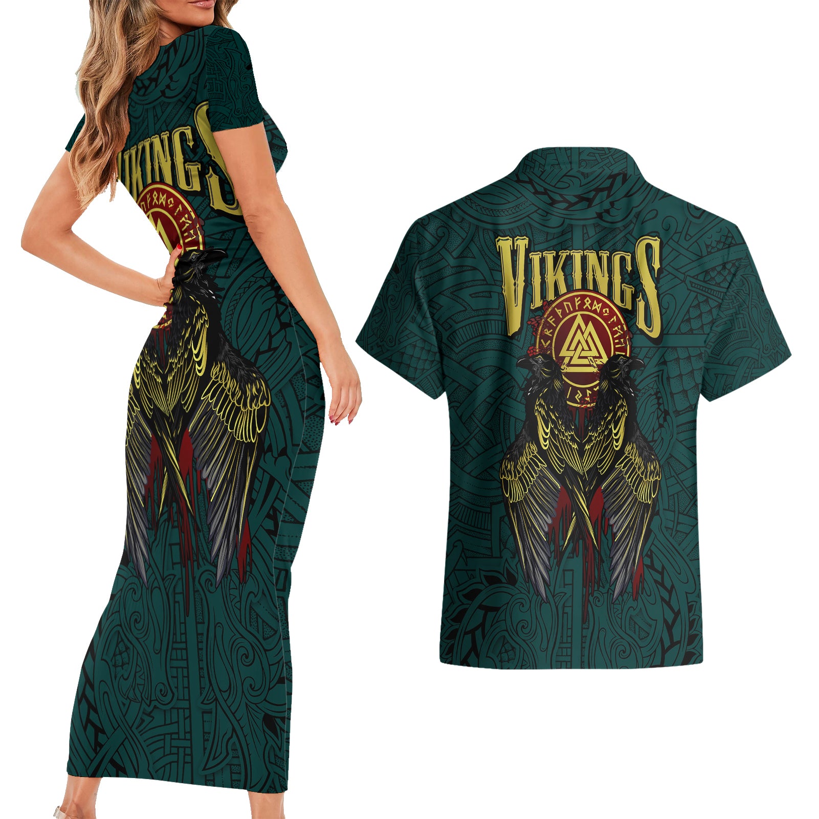 Viking Couples Matching Short Sleeve Bodycon Dress and Hawaiian Shirt Ravens - Hugin And Munin - Wonder Print Shop