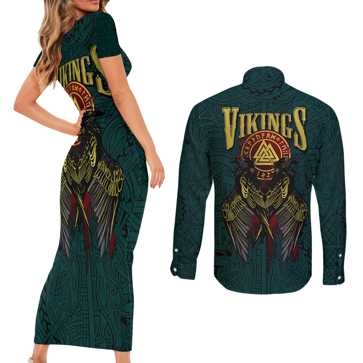Viking Couples Matching Short Sleeve Bodycon Dress and Long Sleeve Button Shirts Ravens - Hugin And Munin - Wonder Print Shop