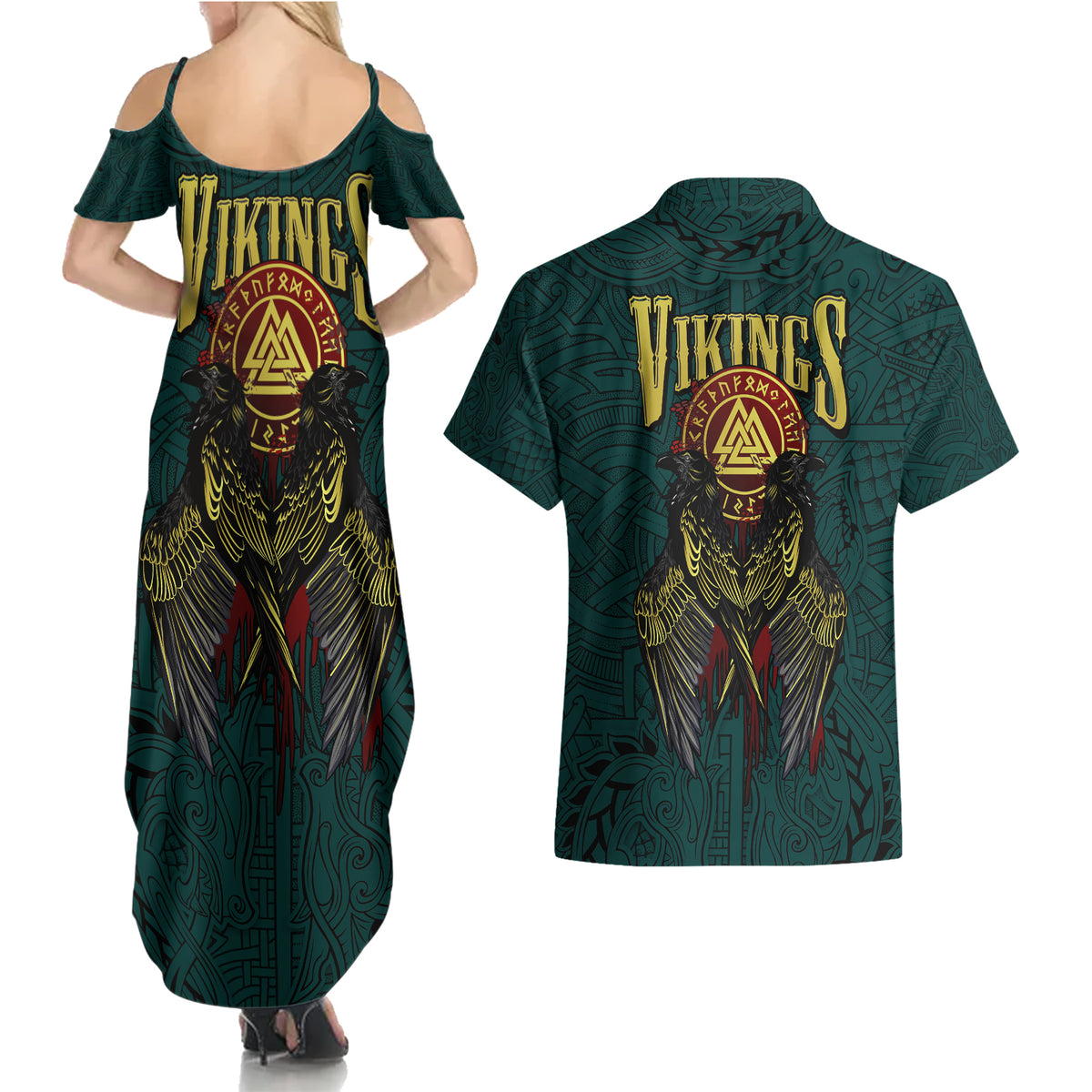 Viking Couples Matching Summer Maxi Dress and Hawaiian Shirt Ravens - Hugin And Munin - Wonder Print Shop