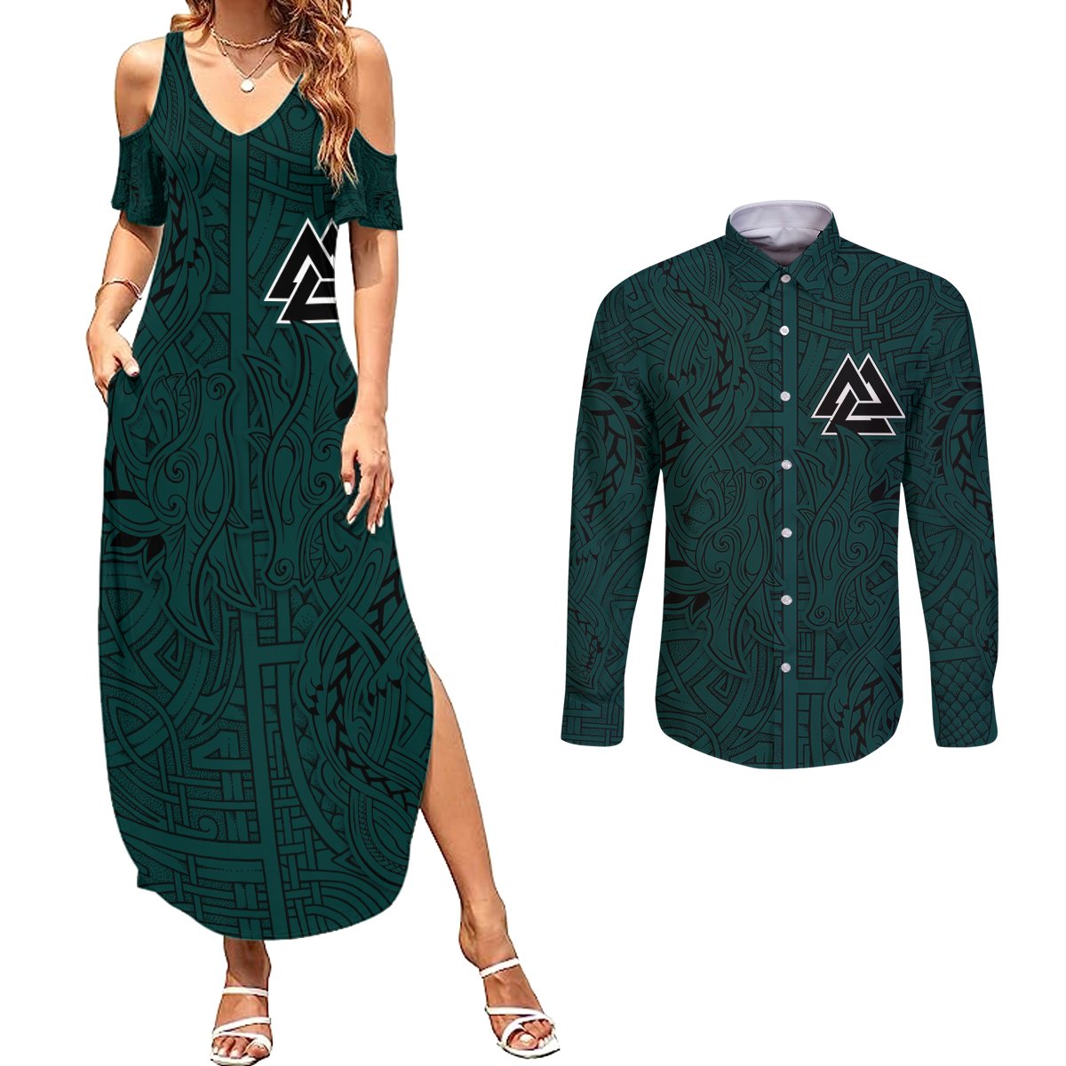 Viking Couples Matching Summer Maxi Dress and Long Sleeve Button Shirts Ravens - Hugin And Munin - Wonder Print Shop