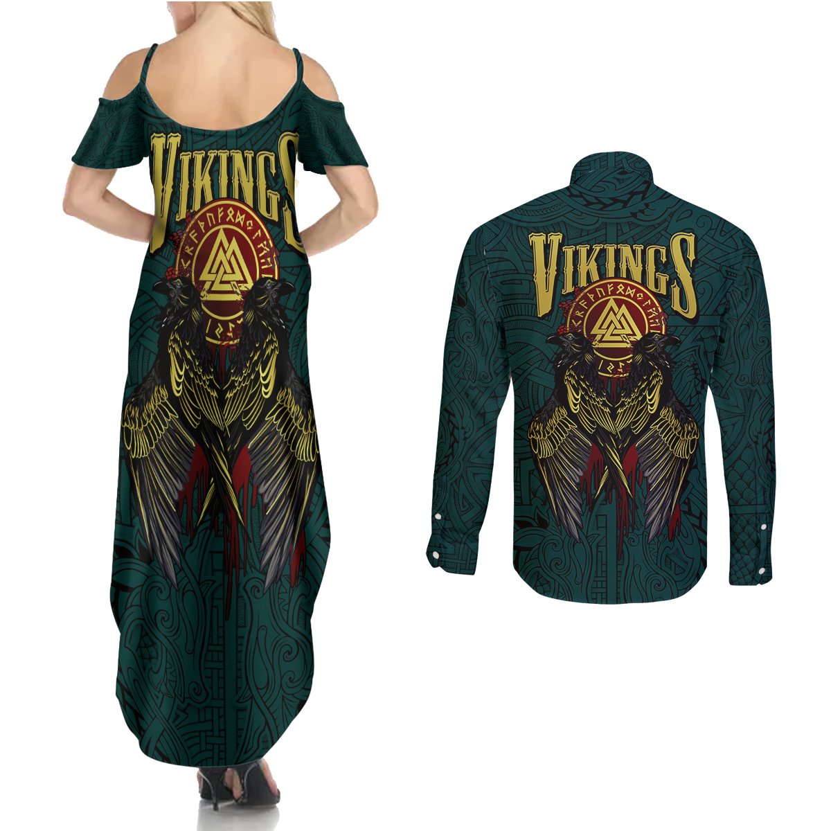 Viking Couples Matching Summer Maxi Dress and Long Sleeve Button Shirts Ravens - Hugin And Munin - Wonder Print Shop