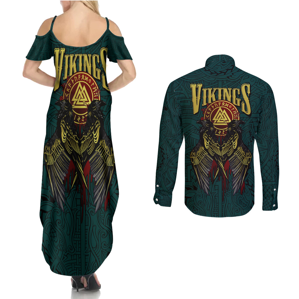 Viking Couples Matching Summer Maxi Dress and Long Sleeve Button Shirts Ravens - Hugin And Munin - Wonder Print Shop