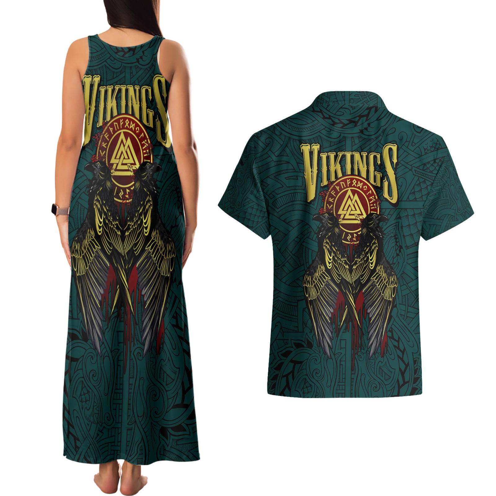 Viking Couples Matching Tank Maxi Dress and Hawaiian Shirt Ravens - Hugin And Munin - Wonder Print Shop