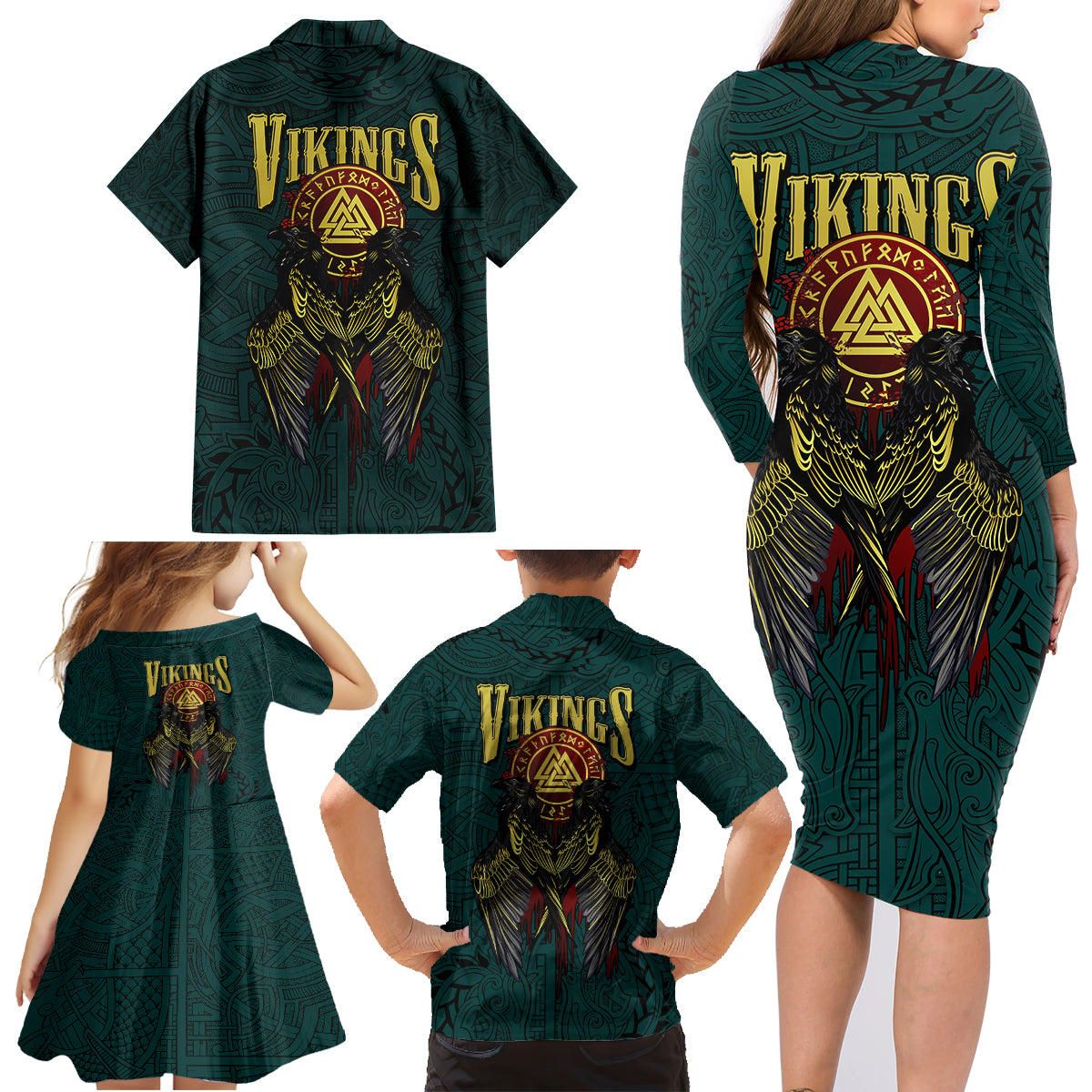 Viking Family Matching Long Sleeve Bodycon Dress and Hawaiian Shirt Ravens - Hugin And Munin - Wonder Print Shop