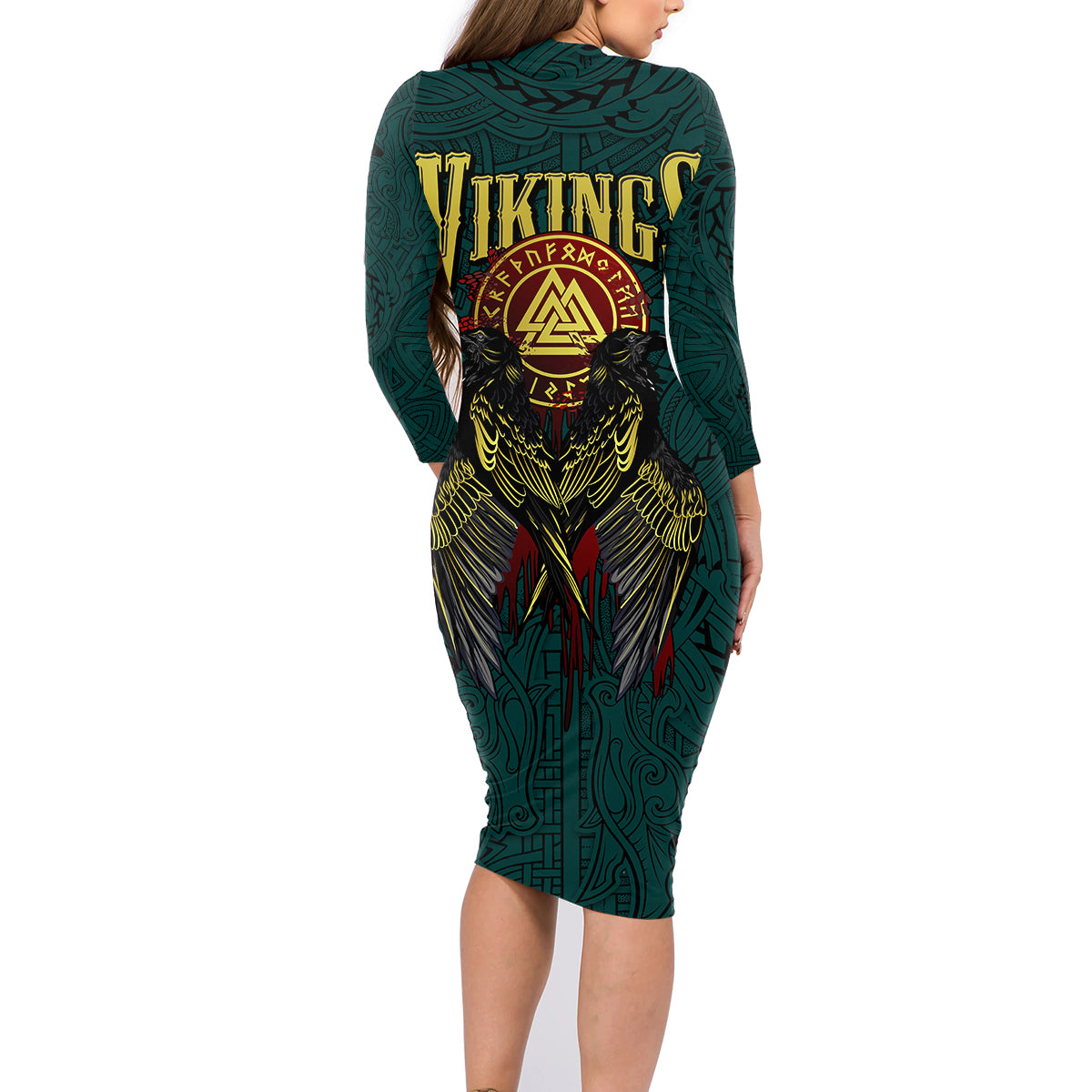 Viking Family Matching Long Sleeve Bodycon Dress and Hawaiian Shirt Ravens - Hugin And Munin - Wonder Print Shop