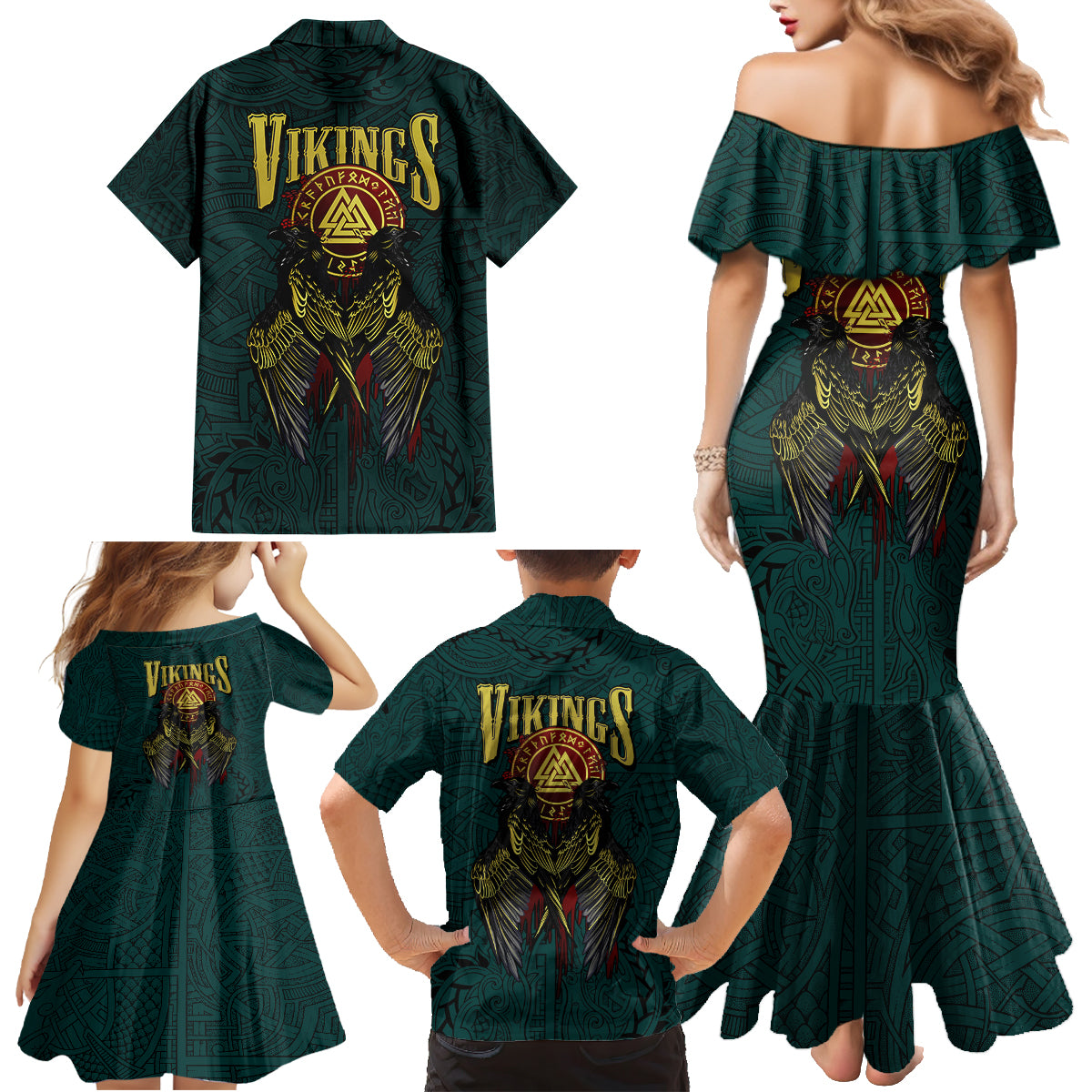 Viking Family Matching Mermaid Dress and Hawaiian Shirt Ravens - Hugin And Munin - Wonder Print Shop