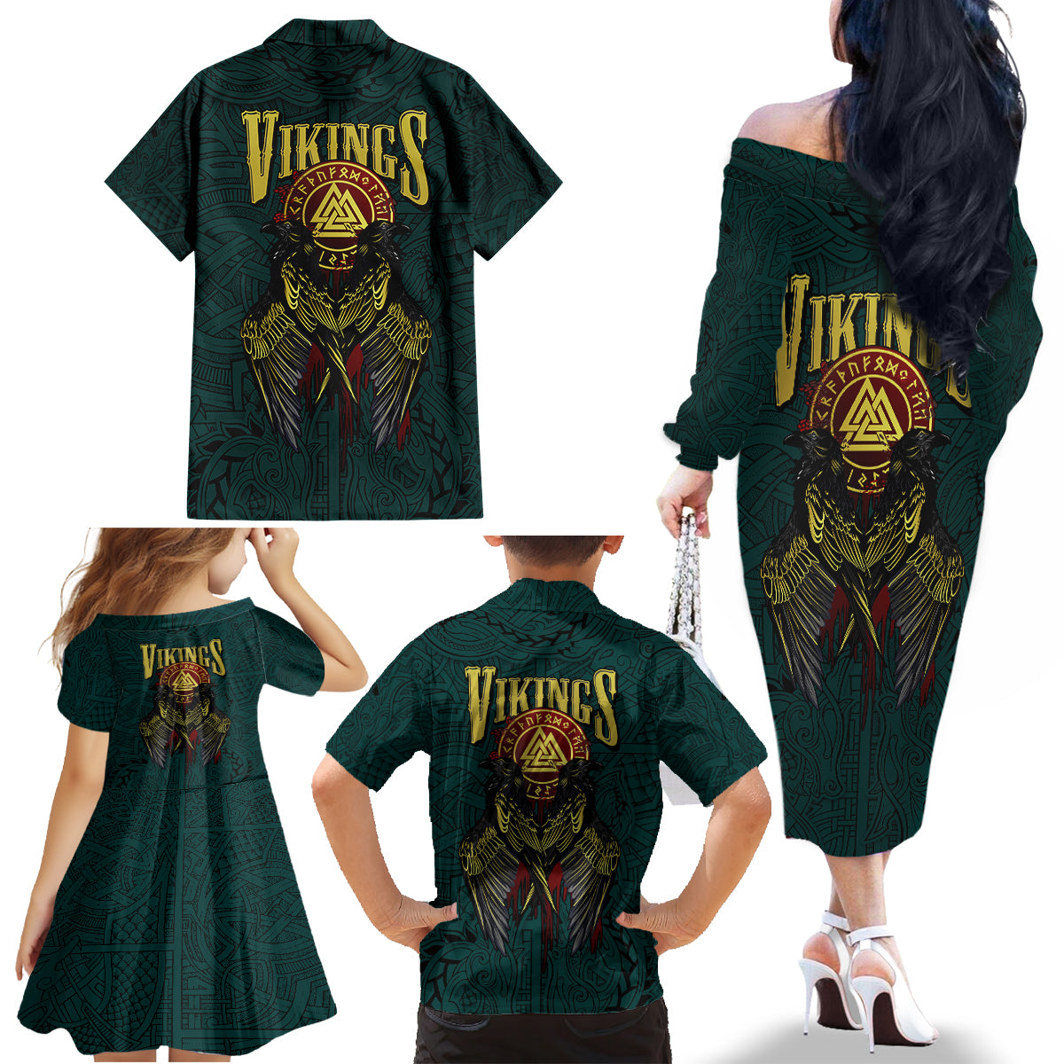 Viking Family Matching Off Shoulder Long Sleeve Dress and Hawaiian Shirt Ravens - Hugin And Munin - Wonder Print Shop