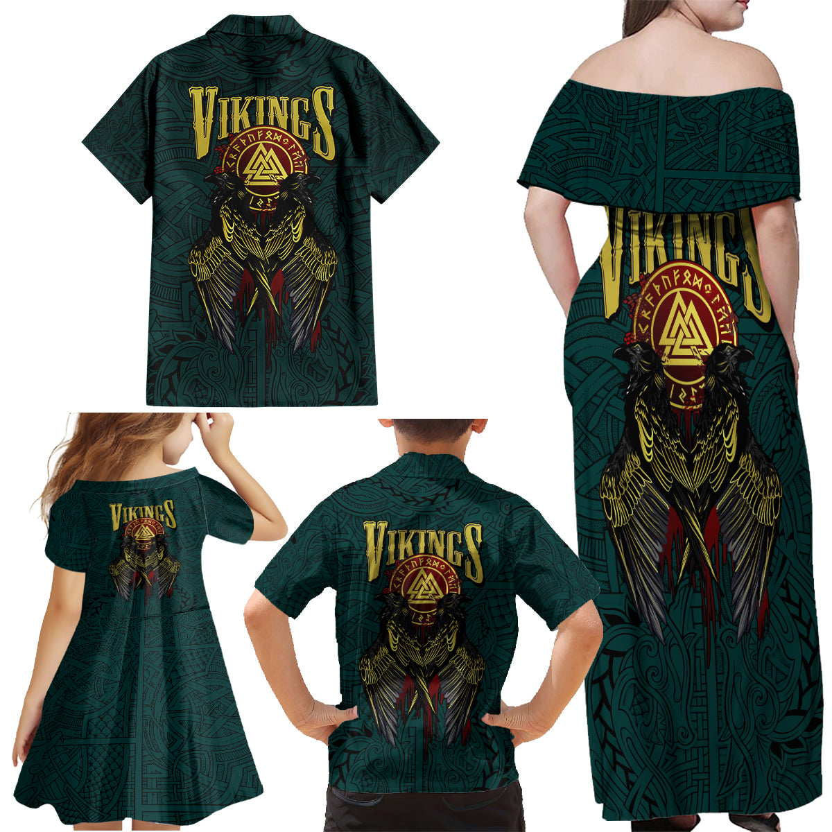 Viking Family Matching Off Shoulder Maxi Dress and Hawaiian Shirt Ravens - Hugin And Munin - Wonder Print Shop