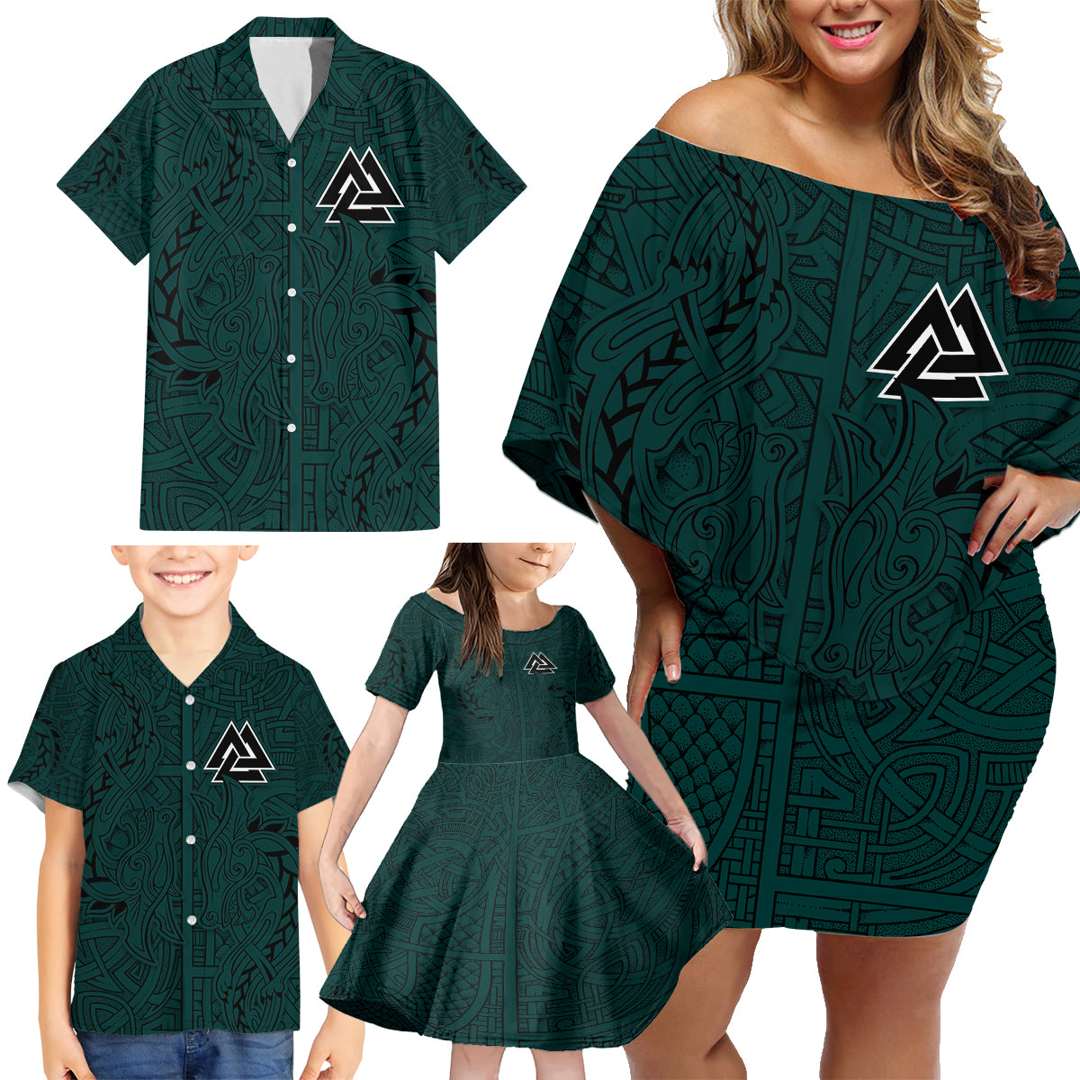 Viking Family Matching Off Shoulder Short Dress and Hawaiian Shirt Ravens - Hugin And Munin - Wonder Print Shop