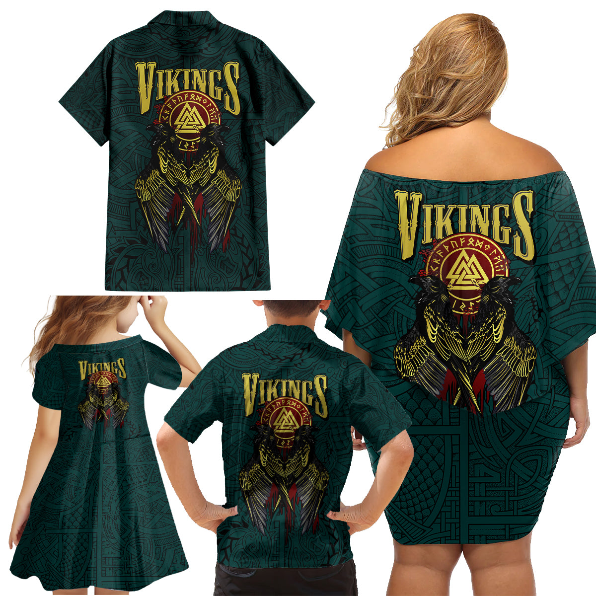 Viking Family Matching Off Shoulder Short Dress and Hawaiian Shirt Ravens - Hugin And Munin - Wonder Print Shop