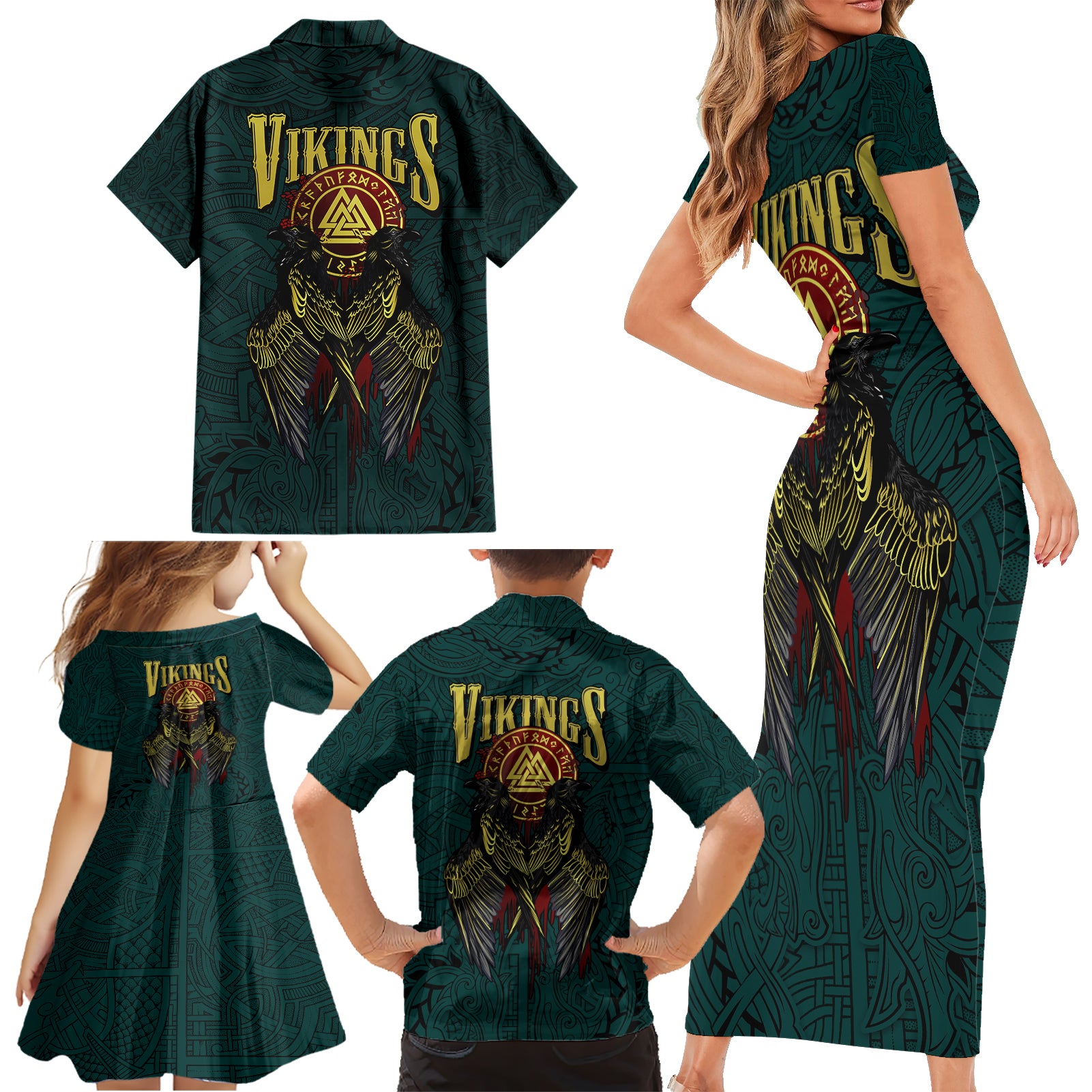 Viking Family Matching Short Sleeve Bodycon Dress and Hawaiian Shirt Ravens - Hugin And Munin - Wonder Print Shop