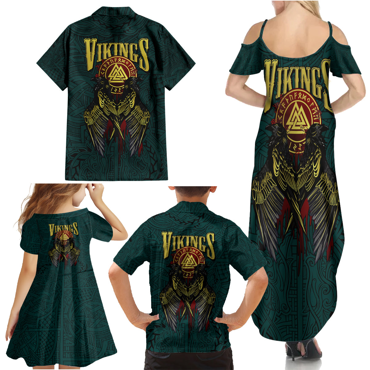 Viking Family Matching Summer Maxi Dress and Hawaiian Shirt Ravens - Hugin And Munin - Wonder Print Shop