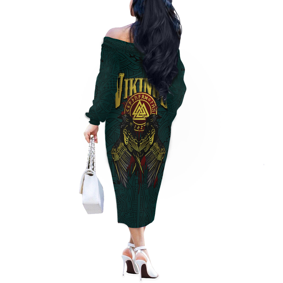 Viking Off The Shoulder Long Sleeve Dress Ravens - Hugin And Munin - Wonder Print Shop