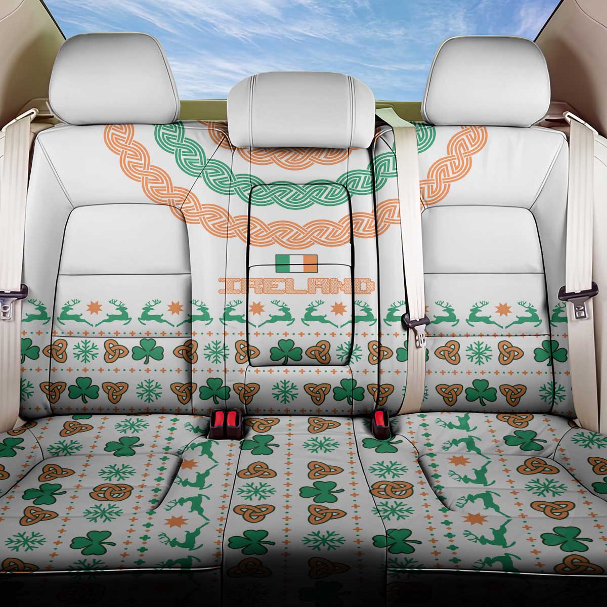 Ireland Christmas Back Car Seat Cover with Celtic Knot Shamrock and Tricolor Holiday Pattern - Wonder Print Shop