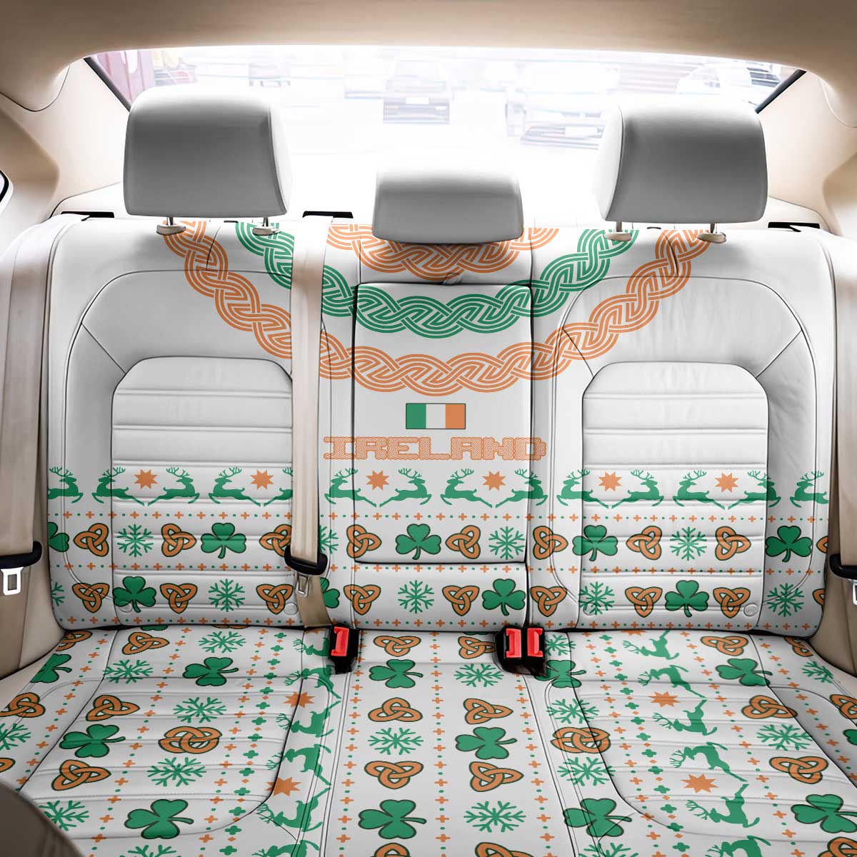 Ireland Christmas Back Car Seat Cover with Celtic Knot Shamrock and Tricolor Holiday Pattern - Wonder Print Shop