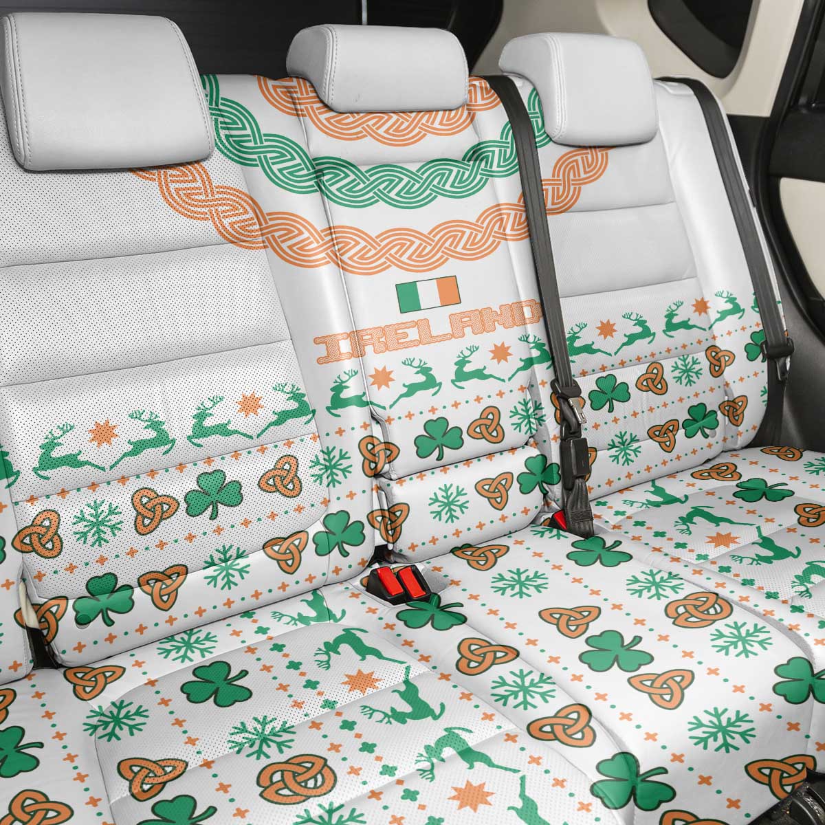 Ireland Christmas Back Car Seat Cover with Celtic Knot Shamrock and Tricolor Holiday Pattern - Wonder Print Shop