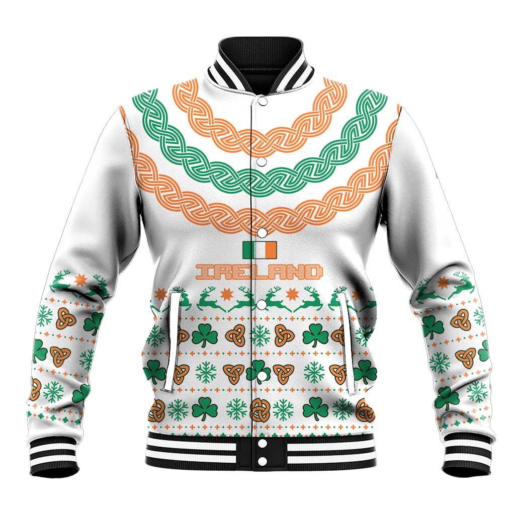 Ireland Christmas Baseball Jacket with Celtic Knot Shamrock and Tricolor Holiday Pattern - Wonder Print Shop