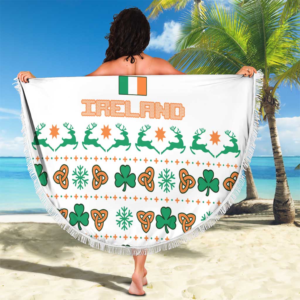 Ireland Christmas Beach Blanket with Celtic Knot Shamrock and Tricolor Holiday Pattern - Wonder Print Shop