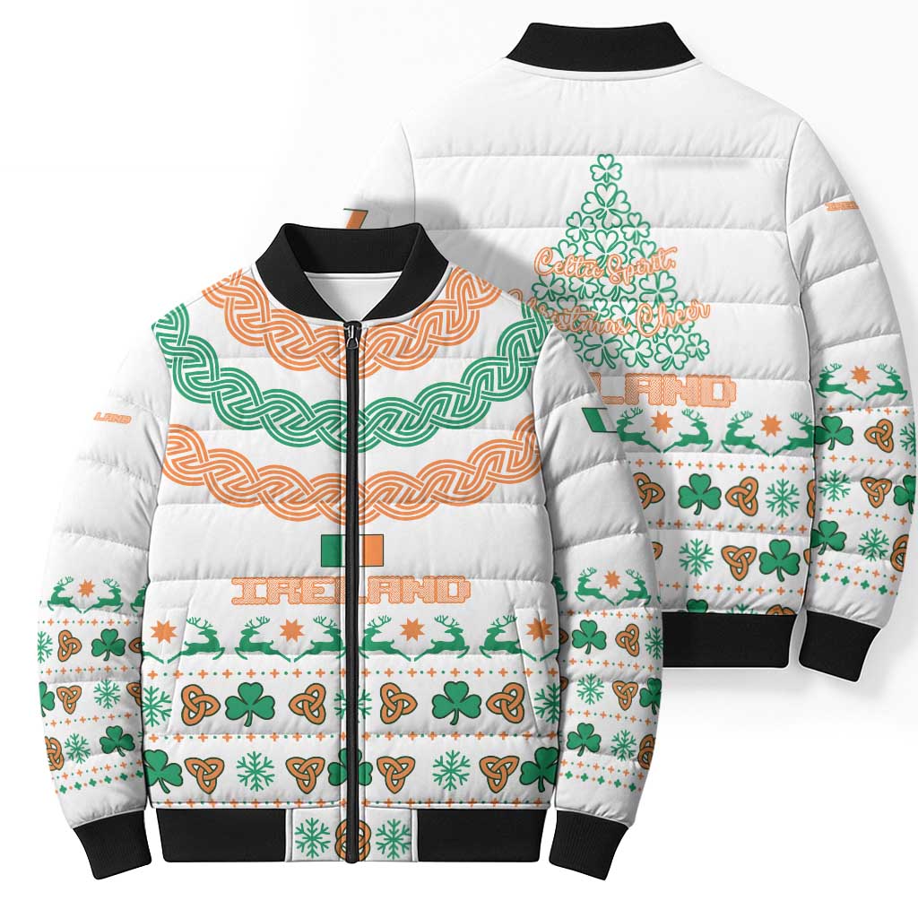 Ireland Christmas Bomber Puffer Jacket with Celtic Knot Shamrock and Tricolor Holiday Pattern - Wonder Print Shop