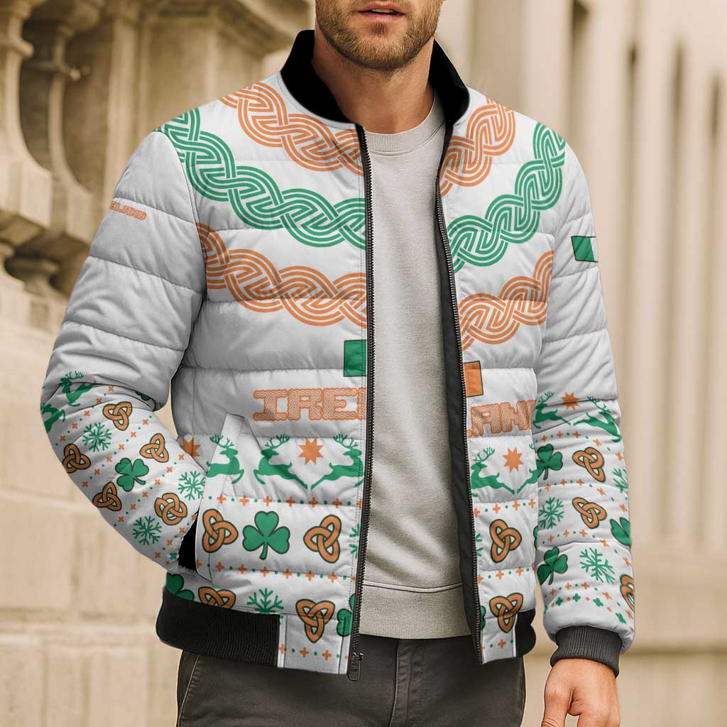 Ireland Christmas Bomber Puffer Jacket with Celtic Knot Shamrock and Tricolor Holiday Pattern - Wonder Print Shop