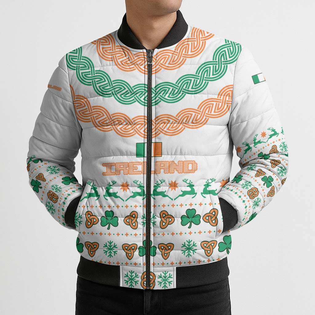 Ireland Christmas Bomber Puffer Jacket with Celtic Knot Shamrock and Tricolor Holiday Pattern - Wonder Print Shop