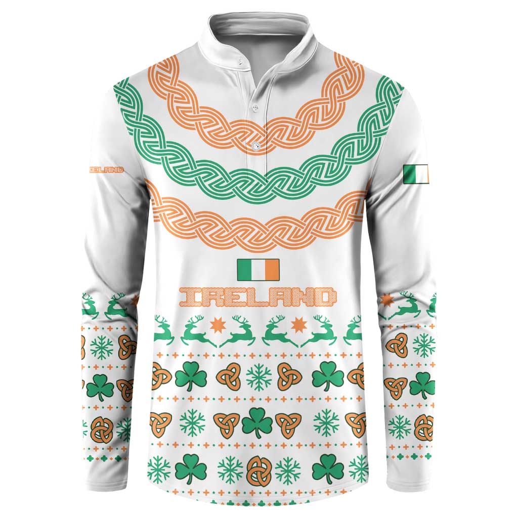 Ireland Christmas Button Sweatshirt with Celtic Knot Shamrock and Tricolor Holiday Pattern - Wonder Print Shop
