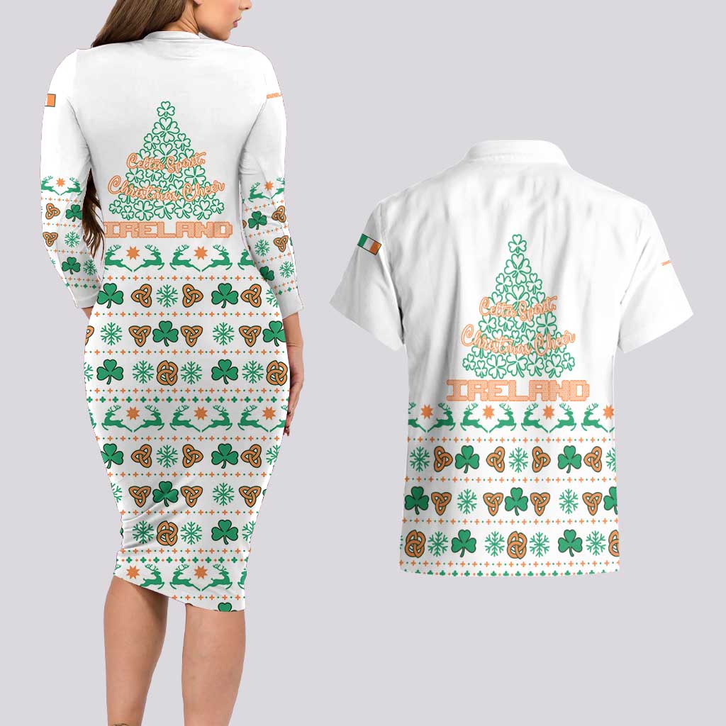 Ireland Christmas Couples Matching Long Sleeve Bodycon Dress and Hawaiian Shirt with Celtic Knot Shamrock and Tricolor Holiday Pattern - Wonder Print Shop