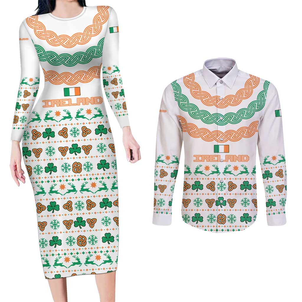 Ireland Christmas Couples Matching Long Sleeve Bodycon Dress and Long Sleeve Button Shirt with Celtic Knot Shamrock and Tricolor Holiday Pattern - Wonder Print Shop