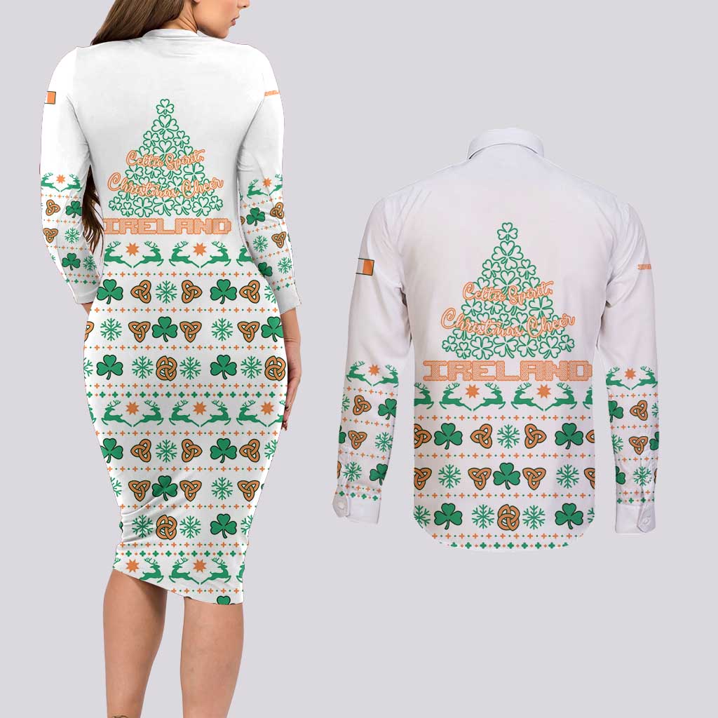 Ireland Christmas Couples Matching Long Sleeve Bodycon Dress and Long Sleeve Button Shirt with Celtic Knot Shamrock and Tricolor Holiday Pattern - Wonder Print Shop