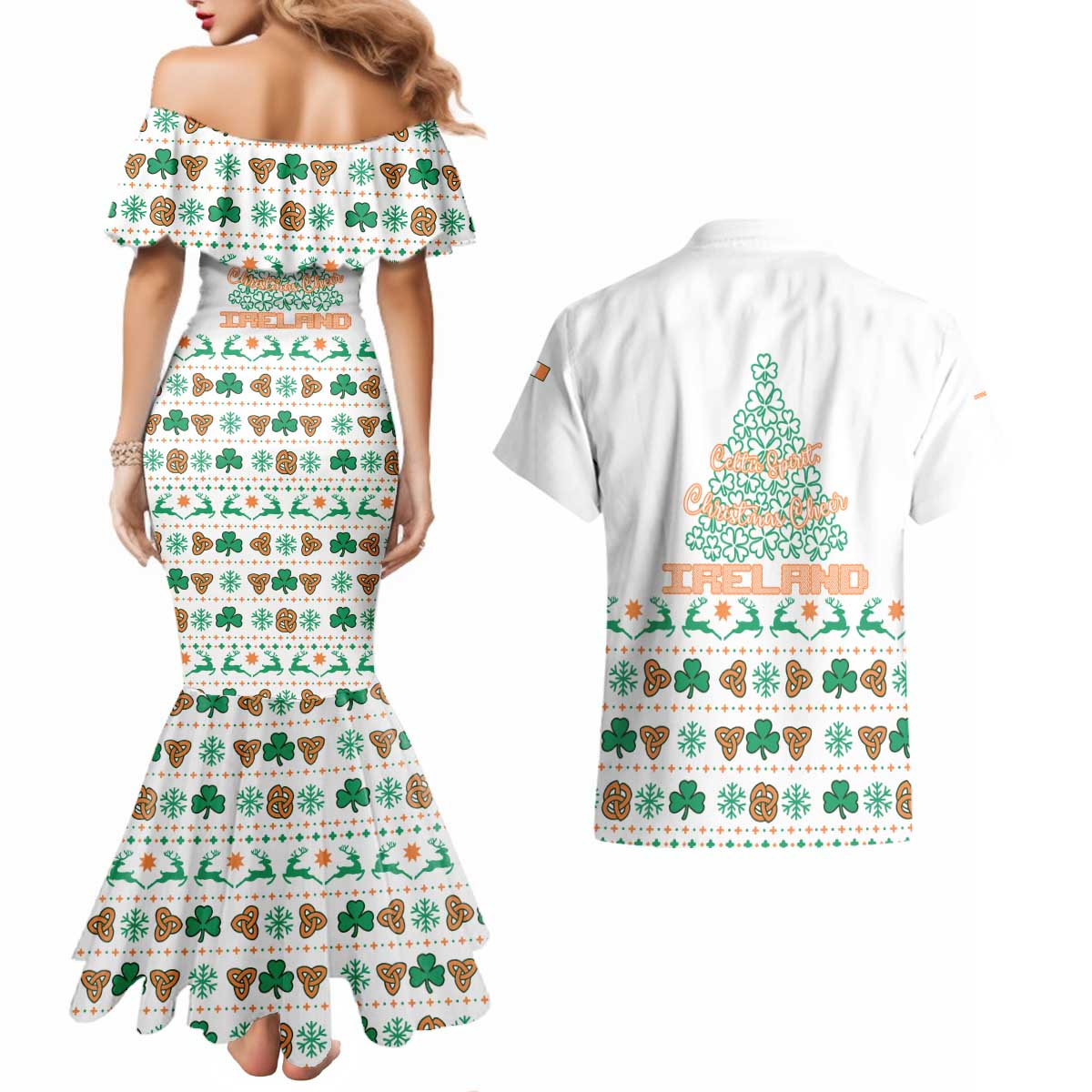 Ireland Christmas Couples Matching Mermaid Dress and Hawaiian Shirt with Celtic Knot Shamrock and Tricolor Holiday Pattern - Wonder Print Shop