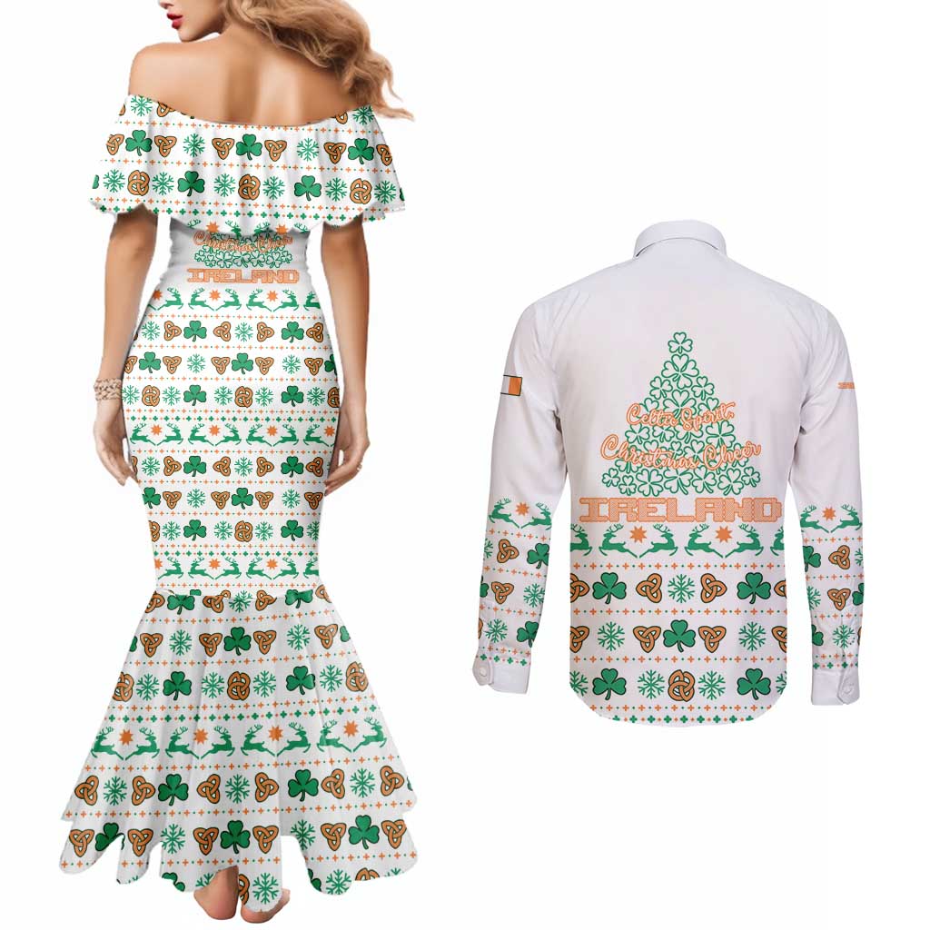 Ireland Christmas Couples Matching Mermaid Dress and Long Sleeve Button Shirt with Celtic Knot Shamrock and Tricolor Holiday Pattern - Wonder Print Shop