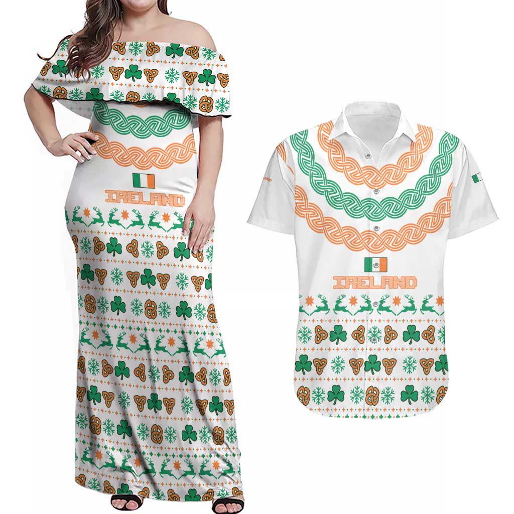 Ireland Christmas Couples Matching Off Shoulder Maxi Dress and Hawaiian Shirt with Celtic Knot Shamrock and Tricolor Holiday Pattern - Wonder Print Shop