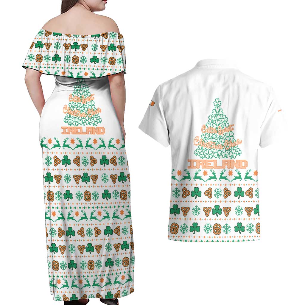 Ireland Christmas Couples Matching Off Shoulder Maxi Dress and Hawaiian Shirt with Celtic Knot Shamrock and Tricolor Holiday Pattern - Wonder Print Shop