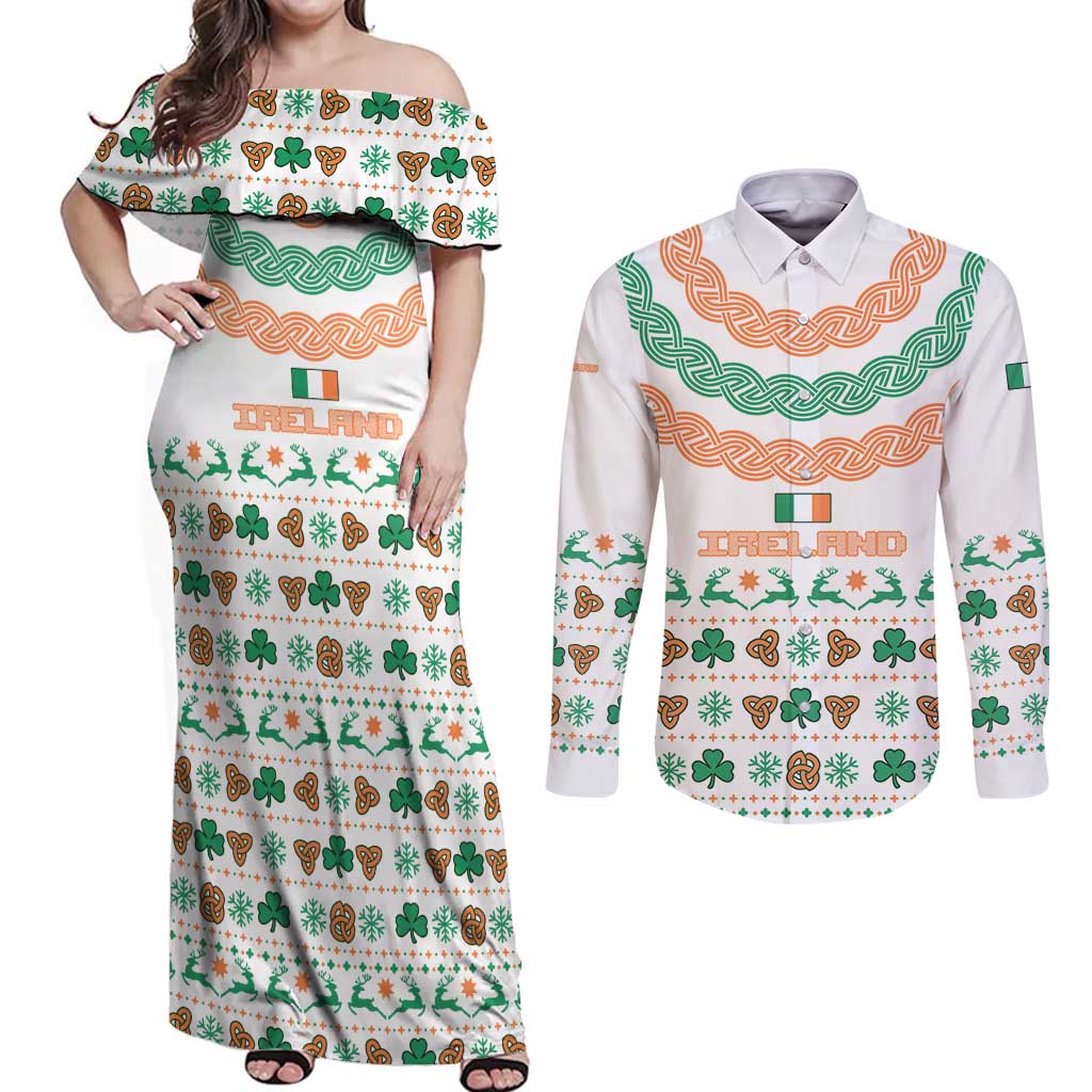 Ireland Christmas Couples Matching Off Shoulder Maxi Dress and Long Sleeve Button Shirt with Celtic Knot Shamrock and Tricolor Holiday Pattern - Wonder Print Shop