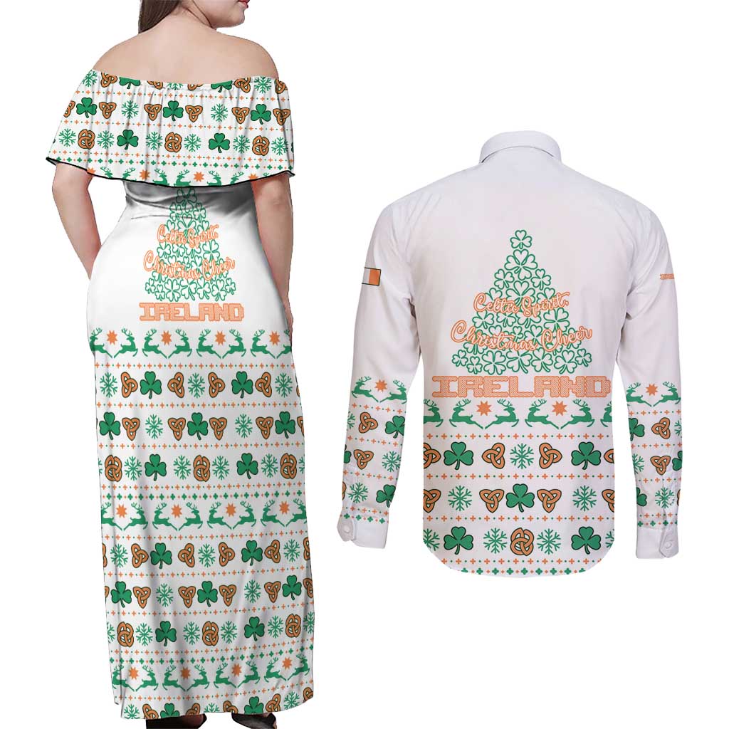 Ireland Christmas Couples Matching Off Shoulder Maxi Dress and Long Sleeve Button Shirt with Celtic Knot Shamrock and Tricolor Holiday Pattern - Wonder Print Shop