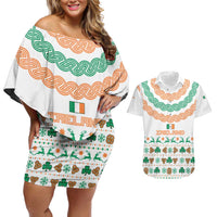 Ireland Christmas Couples Matching Off Shoulder Short Dress and Hawaiian Shirt with Celtic Knot Shamrock and Tricolor Holiday Pattern - Wonder Print Shop