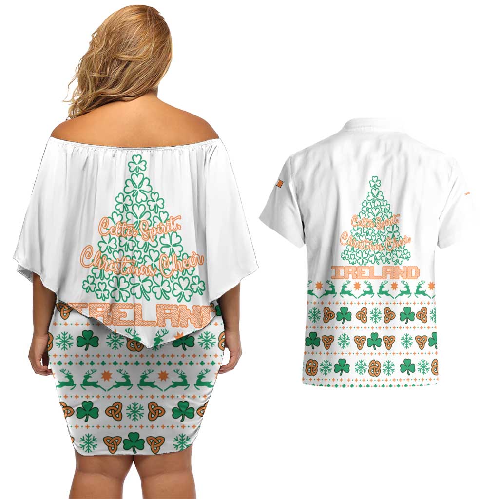 Ireland Christmas Couples Matching Off Shoulder Short Dress and Hawaiian Shirt with Celtic Knot Shamrock and Tricolor Holiday Pattern - Wonder Print Shop
