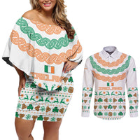 Ireland Christmas Couples Matching Off Shoulder Short Dress and Long Sleeve Button Shirt with Celtic Knot Shamrock and Tricolor Holiday Pattern - Wonder Print Shop