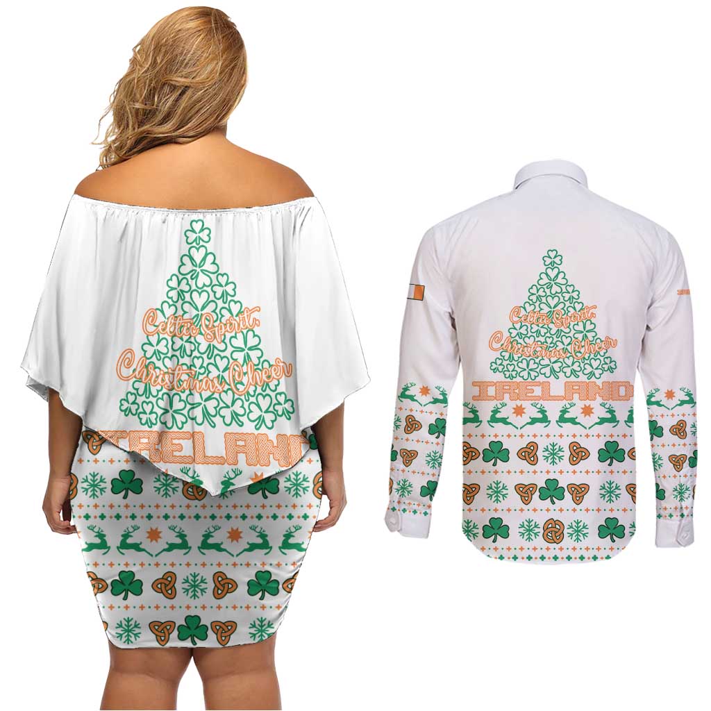 Ireland Christmas Couples Matching Off Shoulder Short Dress and Long Sleeve Button Shirt with Celtic Knot Shamrock and Tricolor Holiday Pattern - Wonder Print Shop