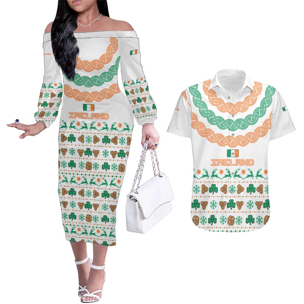 Ireland Christmas Couples Matching Off The Shoulder Long Sleeve Dress and Hawaiian Shirt with Celtic Knot Shamrock and Tricolor Holiday Pattern - Wonder Print Shop