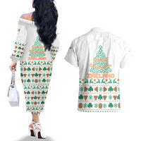 Ireland Christmas Couples Matching Off The Shoulder Long Sleeve Dress and Hawaiian Shirt with Celtic Knot Shamrock and Tricolor Holiday Pattern - Wonder Print Shop