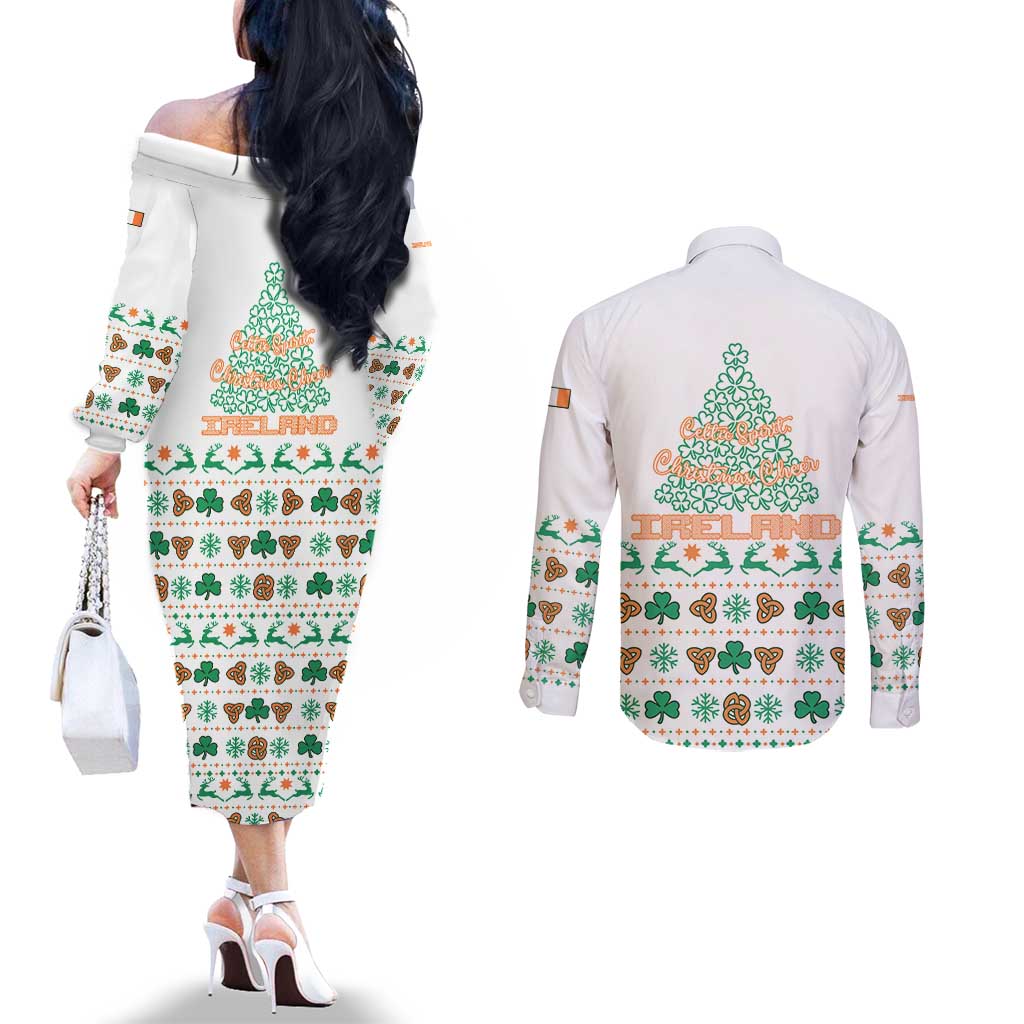 Ireland Christmas Couples Matching Off The Shoulder Long Sleeve Dress and Long Sleeve Button Shirt with Celtic Knot Shamrock and Tricolor Holiday Pattern - Wonder Print Shop