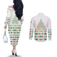 Ireland Christmas Couples Matching Off The Shoulder Long Sleeve Dress and Long Sleeve Button Shirt with Celtic Knot Shamrock and Tricolor Holiday Pattern - Wonder Print Shop