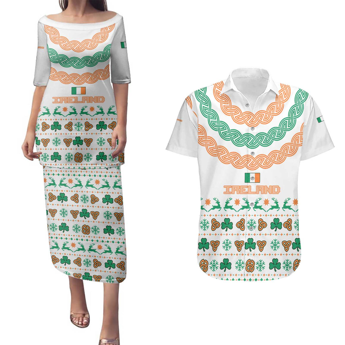 Ireland Christmas Couples Matching Puletasi and Hawaiian Shirt with Celtic Knot Shamrock and Tricolor Holiday Pattern - Wonder Print Shop