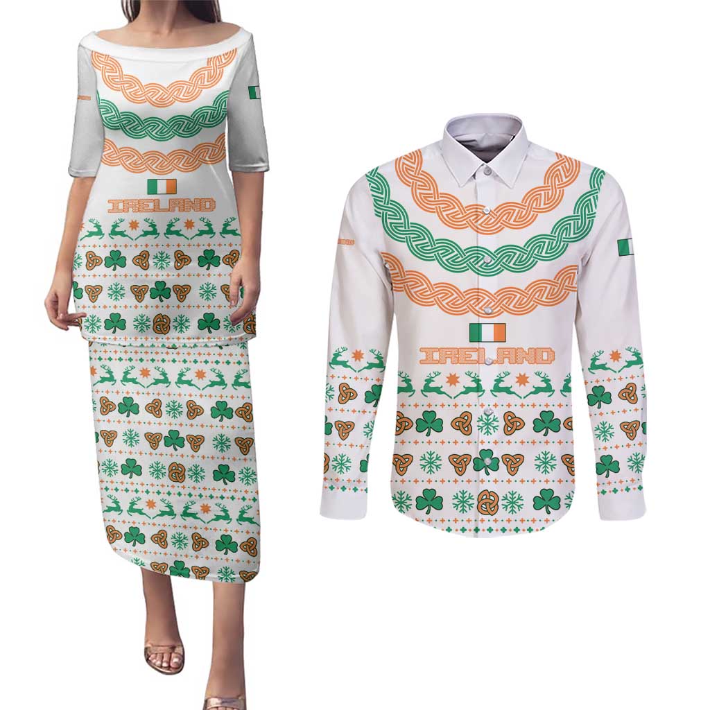 Ireland Christmas Couples Matching Puletasi and Long Sleeve Button Shirt with Celtic Knot Shamrock and Tricolor Holiday Pattern - Wonder Print Shop