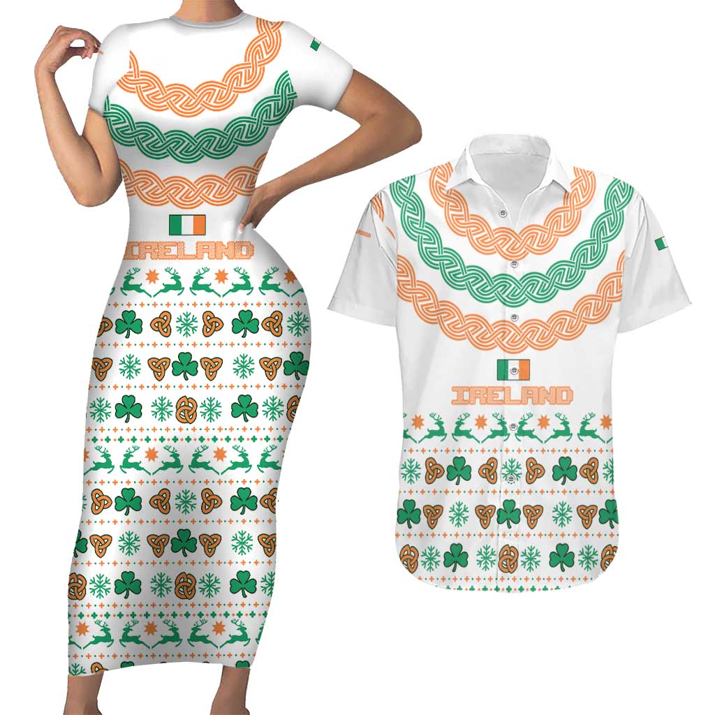 Ireland Christmas Couples Matching Short Sleeve Bodycon Dress and Hawaiian Shirt with Celtic Knot Shamrock and Tricolor Holiday Pattern - Wonder Print Shop