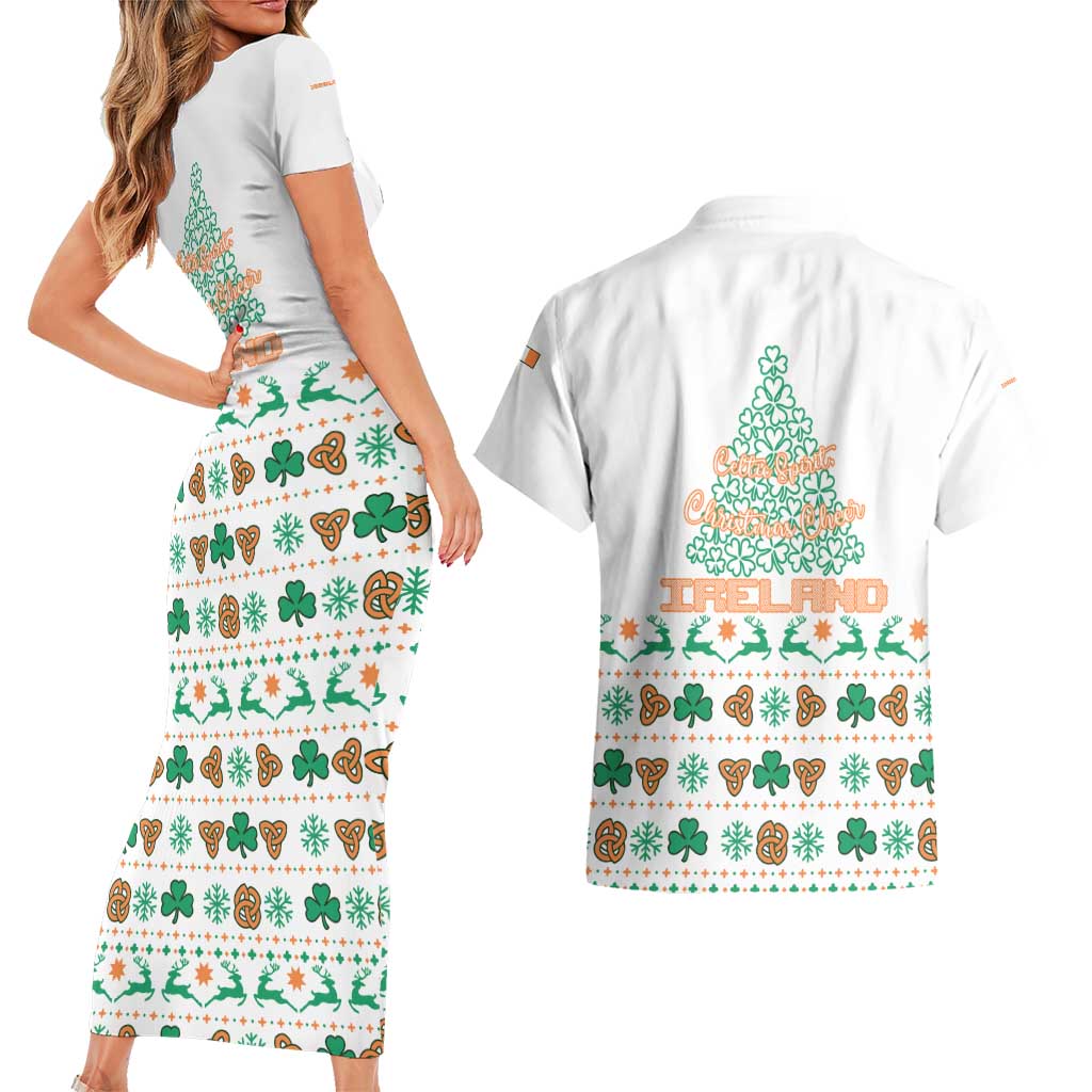 Ireland Christmas Couples Matching Short Sleeve Bodycon Dress and Hawaiian Shirt with Celtic Knot Shamrock and Tricolor Holiday Pattern - Wonder Print Shop