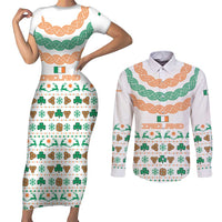 Ireland Christmas Couples Matching Short Sleeve Bodycon Dress and Long Sleeve Button Shirt with Celtic Knot Shamrock and Tricolor Holiday Pattern - Wonder Print Shop